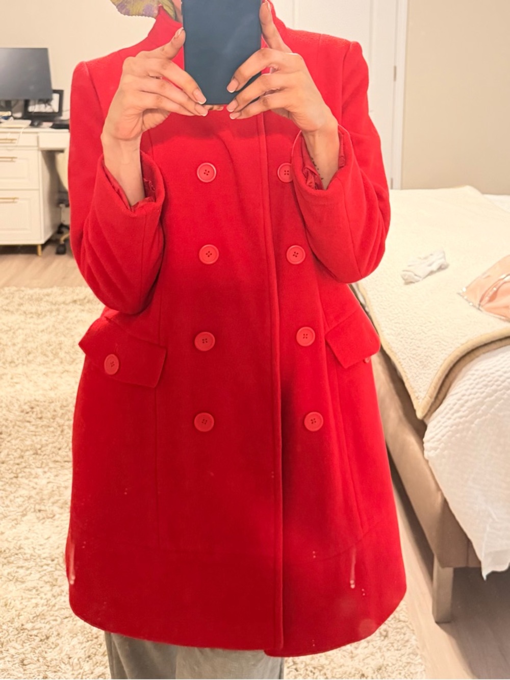Classic Double-Breasted Red Wool Coat